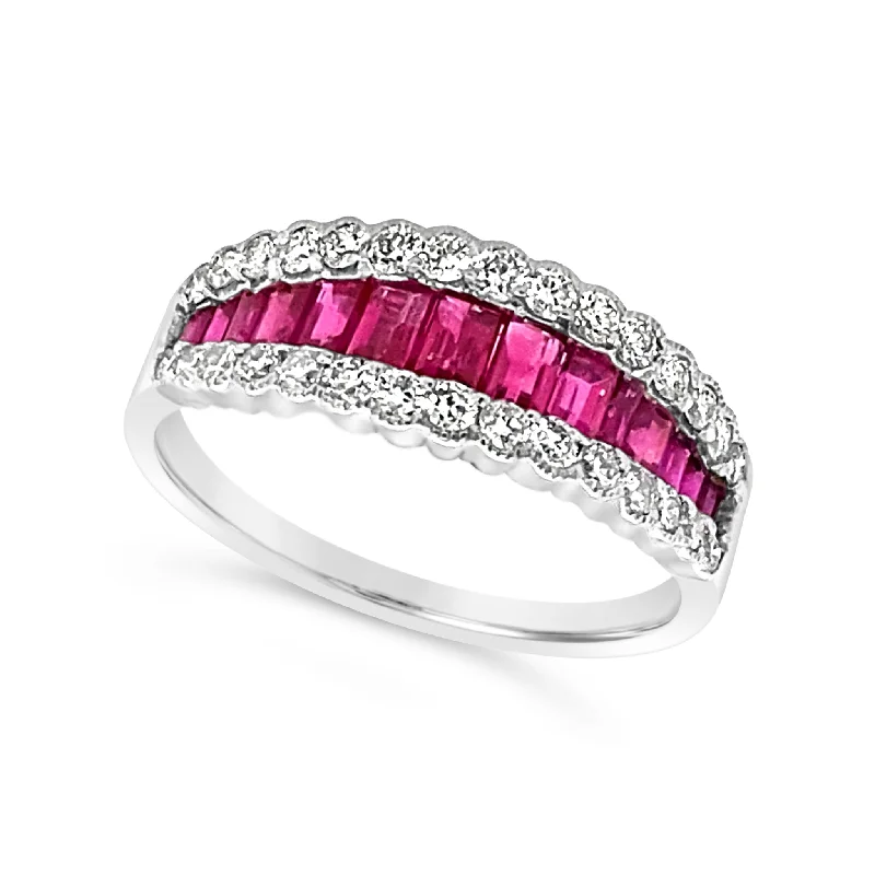 Stunning Statement Jewelry, Unbeatable Discounts Tapered Design Ruby and Diamond Ring