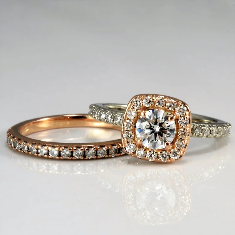 Buy More, Save More On Stunning Jewelry Pieces Two Tone Diamond Halo Wedding Set | 1.28ctw | SZ 5.5 |