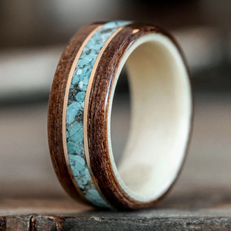Elegant Jewelry Styles At Budget-Friendly Prices (In-Stock) Antique Walnut Wood Ring, Holly Liner, Center Turquoise & Dual Yellow Gold - Size 7 | 8mm Wide