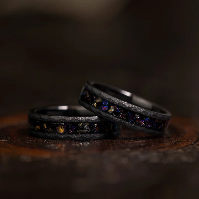 Exclusive Jewelry Sale – Shine For Less "Zeus" Hammered Dark Nebula Ring- Meteorite and Opal- Black 5mm Womens