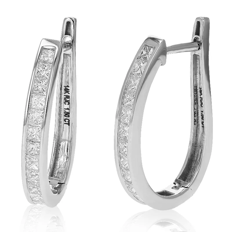 Flash Sale On Elegant Jewelry – Don't Miss Out 1.50 cttw Princess Cut Diamond Hoop Earrings 14K White Gold Channel Set 1 Inch