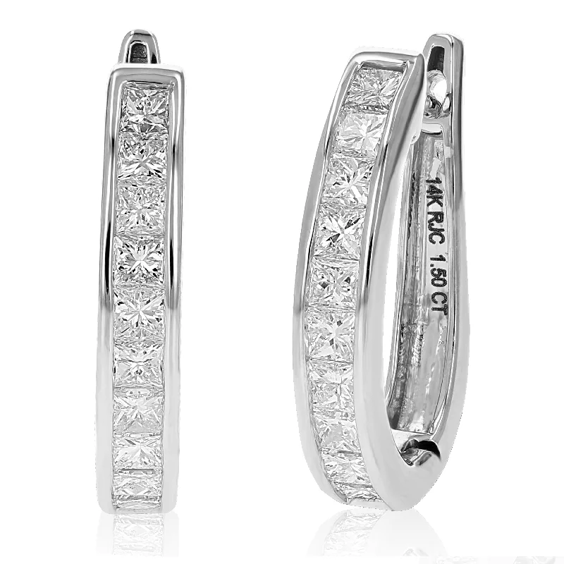 Shop Handcrafted Jewelry At Special Promotional Rates 1.50 cttw Princess Diamond Hoop Earrings 14K White Gold Channel Set 3/4 Inch