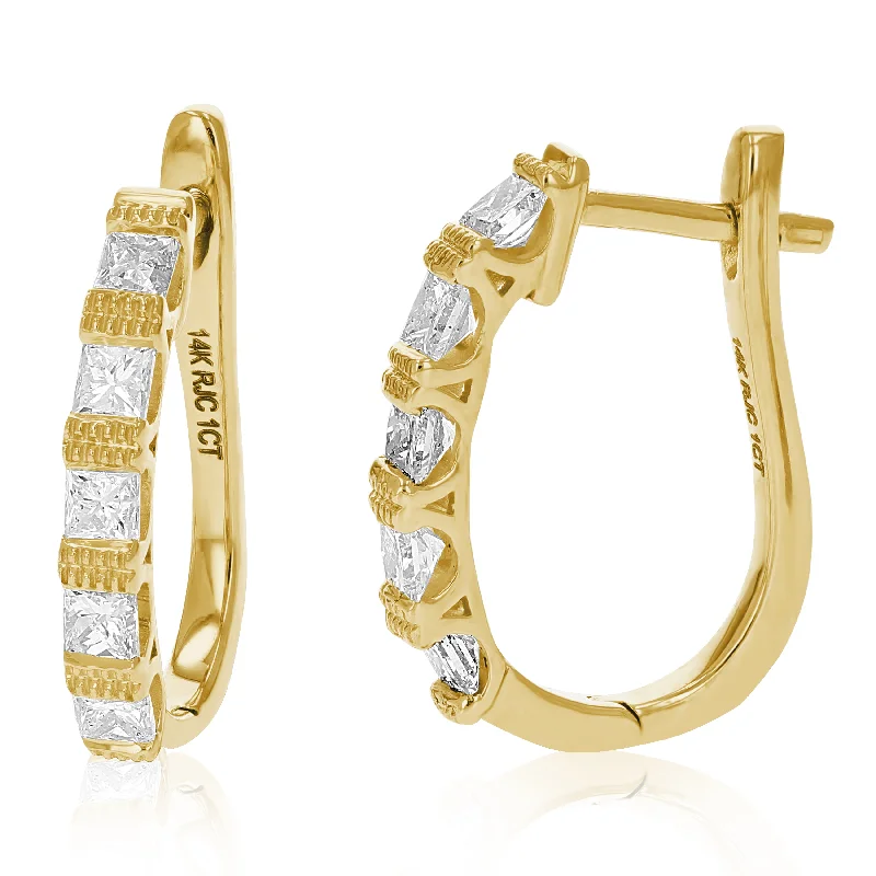 Trending Jewelry Now At Unbeatable Prices 1 cttw Princess Diamond Hoop Earrings 14K Yellow Gold Milgrain Prong Set 3/4 Inch