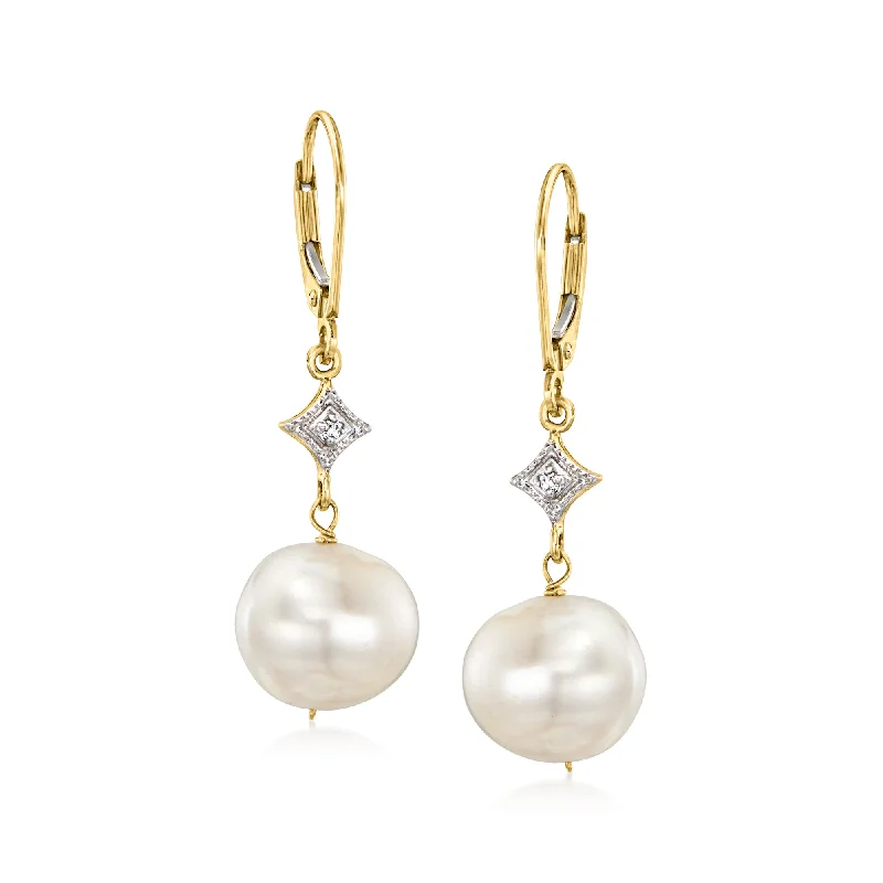 Don't Miss These Dazzling Jewelry Discounts Ross-Simons 10.5-11mm Cultured Pearl Drop Earrings With Diamond Accents in 14kt Yellow Gold