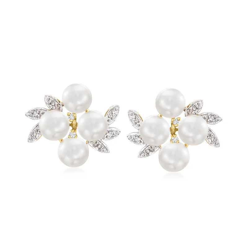 Personalized Engraved Jewelry For Meaningful Gifts Ross-Simons 5.5-6mm Cultured Pearl Cluster Earrings With Diamond Accents in 14kt Yellow Gold