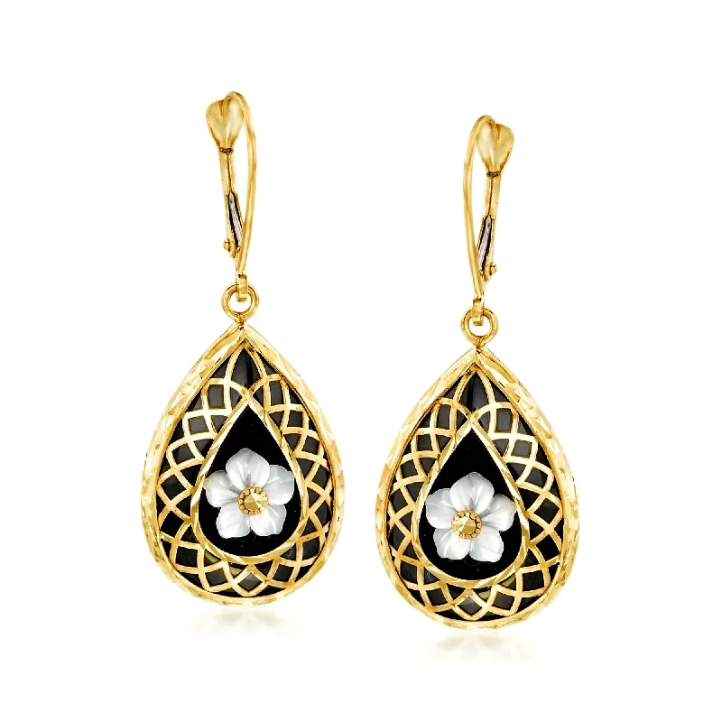 Unmissable Discounts On Timeless Jewelry Pieces Ross-Simons Black Onyx and Mother-Of-Pearl Flower Overlay Drop Earrings in 14kt Yellow Gold