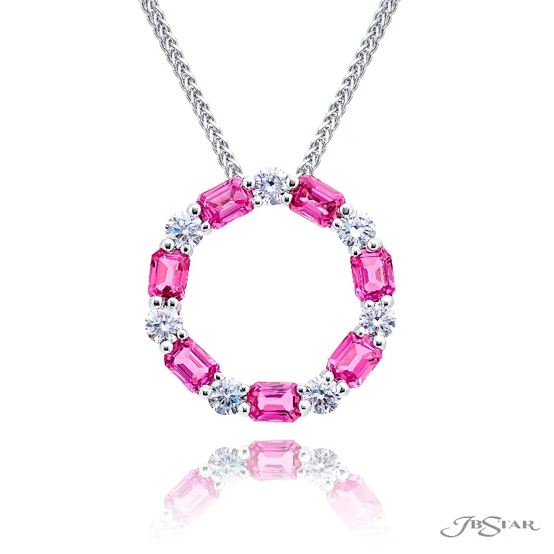 Affordable Gold-Plated Jewelry For Modern Fashion JB Star 950 White Platinum Emerald Shape Pink Sapphires and Diamonds Circle Pendant with a 950 White Platinum Wheat Chain (2.50ctw)