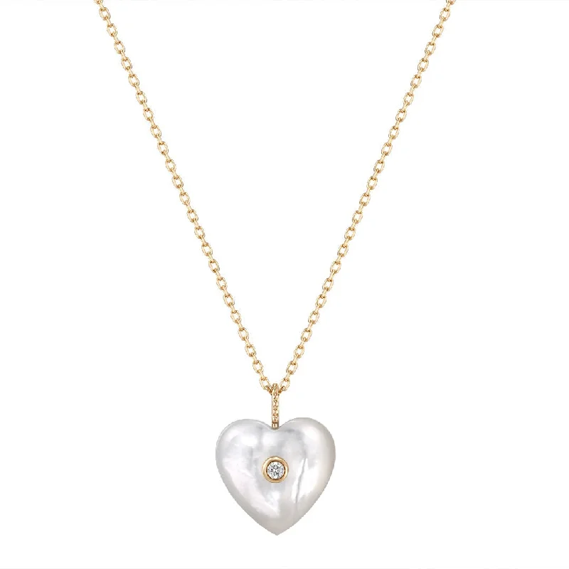Elevate Your Outfit With Discounted Statement Jewelry Mother of Pearl & Diamond Heart 14K Yellow Gold Necklace