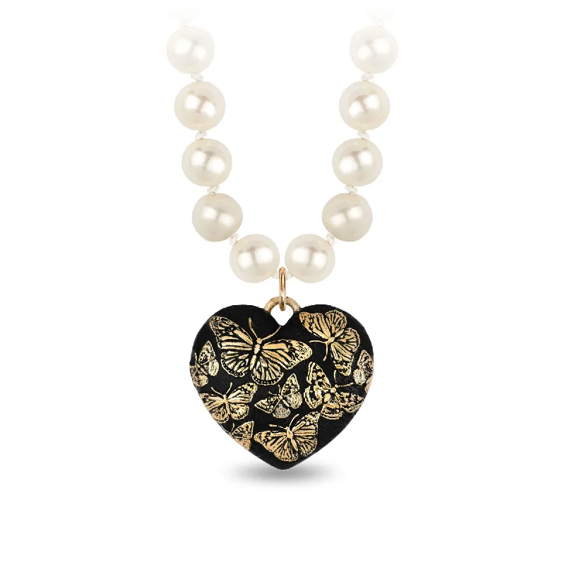 Discounted Jewelry For A Glamorous Look Butterfly 14K Gold Large Puffed Heart Talisman On Knotted Freshwater Pearl Necklace
