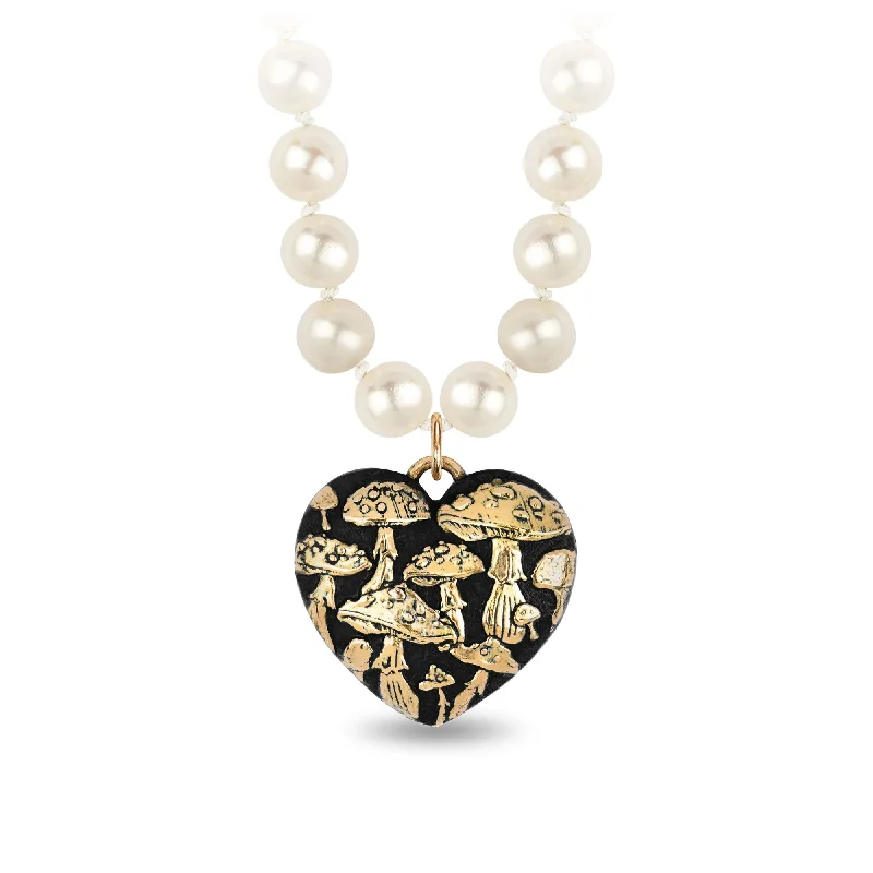 Elegant Jewelry Pieces At Unbelievable Prices Mushroom 14K Gold Large Puffed Heart Talisman On Knotted Freshwater Pearl Necklace