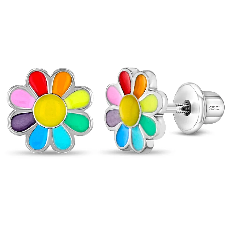 Elegant Jewelry, Exclusive Prices – Shop Now Rainbow Daisy Kids / Children's / Girls Earrings Screw Back Enamel - Sterling Silver